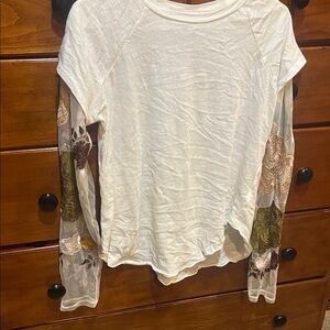 Free Peopke White Top with Floral Sleeves